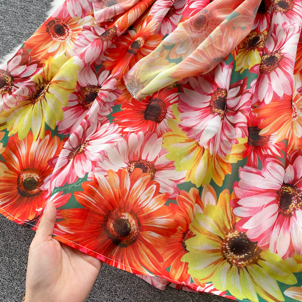 Look Good Pretty Sexy Women Ruffles Colorful Floral Printed V-Neck Waist Front Bow Sleeveless Backless Dress
