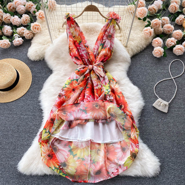 Look Good Pretty Sexy Women Ruffles Colorful Floral Printed V-Neck Waist Front Bow Sleeveless Backless Dress
