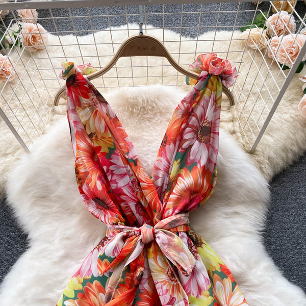 Look Good Pretty Sexy Women Ruffles Colorful Floral Printed V-Neck Waist Front Bow Sleeveless Backless Dress
