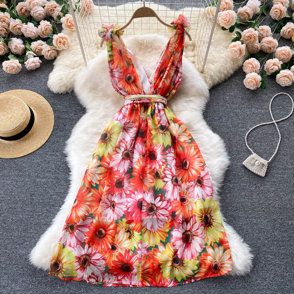 Look Good Pretty Sexy Women Ruffles Colorful Floral Printed V-Neck Waist Front Bow Sleeveless Backless Dress