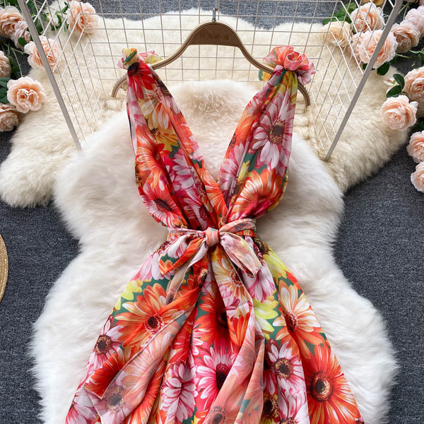 Look Good Pretty Sexy Women Ruffles Colorful Floral Printed V-Neck Waist Front Bow Sleeveless Backless Dress