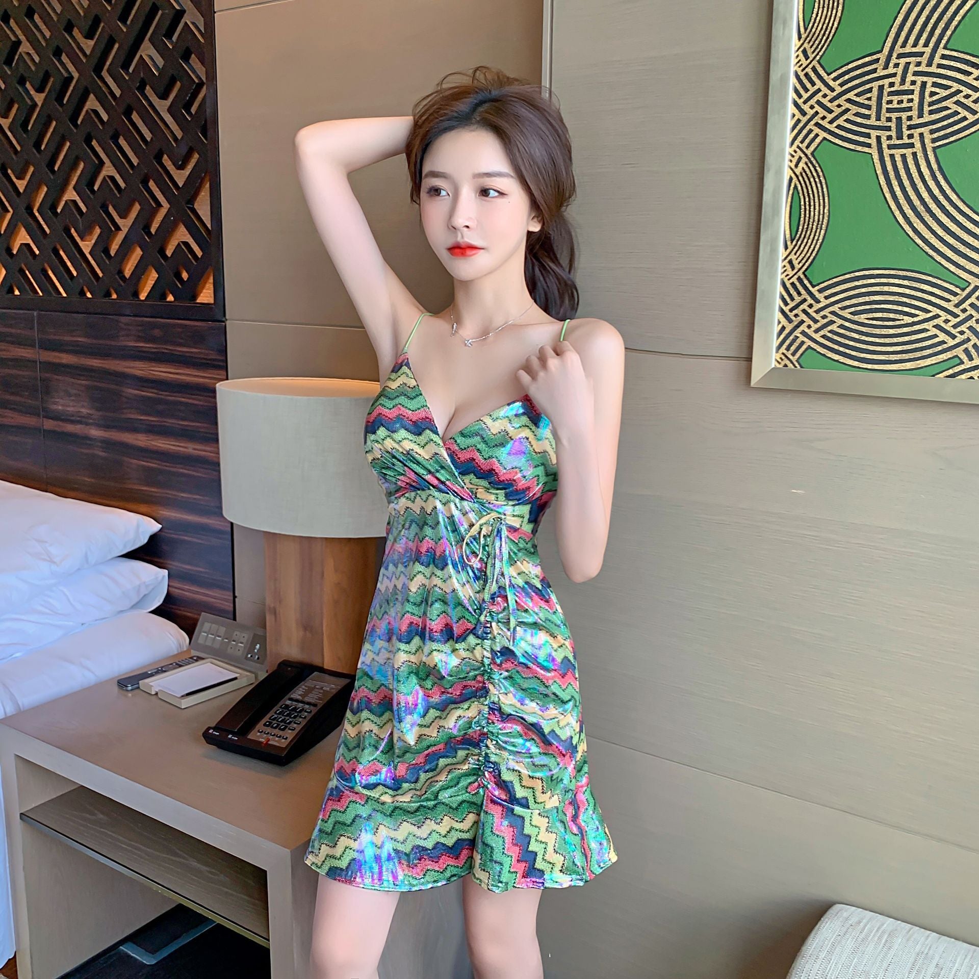 Sparkly Pretty Sexy Women Green Deep V Neck Spaghetti Shoulder Strap Backless Drawstring Tie Ruched Ruffled Fishtail Dress