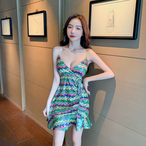 Sparkly Pretty Sexy Women Green Deep V Neck Spaghetti Shoulder Strap Backless Drawstring Tie Ruched Ruffled Fishtail Dress