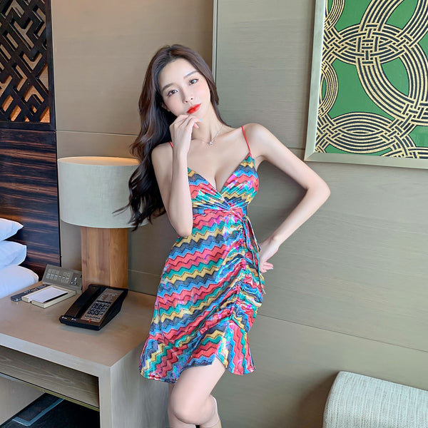 Amazing Pretty Sexy Women Red Deep V Neck Spaghetti Strap Backless Drawstring Tie Ruffled Glitter Fishtail Dress