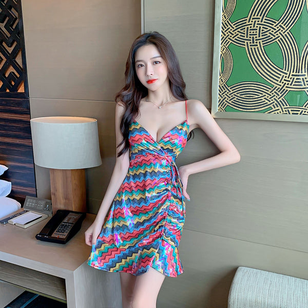 Amazing Pretty Sexy Women Red Deep V Neck Spaghetti Strap Backless Drawstring Tie Ruffled Glitter Fishtail Dress