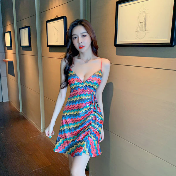 Amazing Pretty Sexy Women Red Deep V Neck Spaghetti Strap Backless Drawstring Tie Ruffled Glitter Fishtail Dress