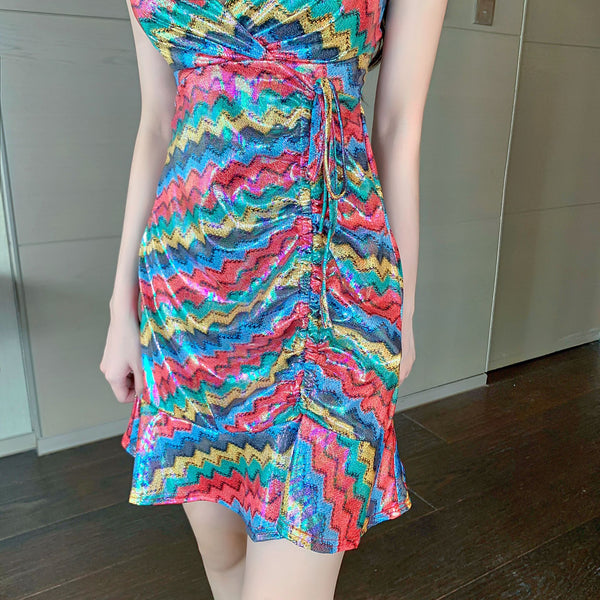 Amazing Pretty Sexy Women Red Deep V Neck Spaghetti Strap Backless Drawstring Tie Ruffled Glitter Fishtail Dress