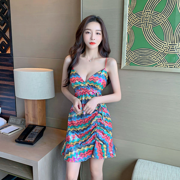 Amazing Pretty Sexy Women Red Deep V Neck Spaghetti Strap Backless Drawstring Tie Ruffled Glitter Fishtail Dress