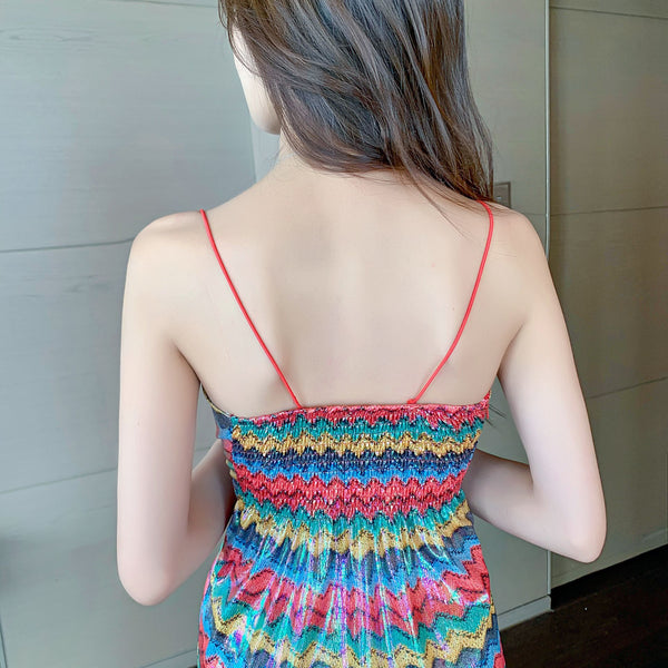 Amazing Pretty Sexy Women Red Deep V Neck Spaghetti Strap Backless Drawstring Tie Ruffled Glitter Fishtail Dress