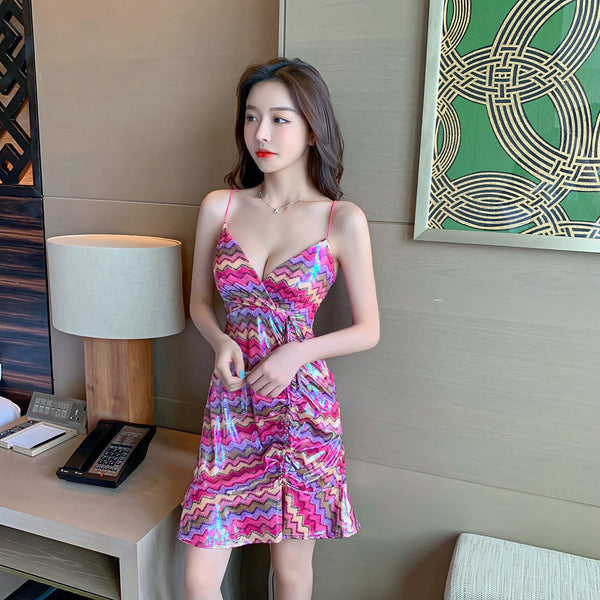 Great Look Attractive Sexy Women Pink Deep V Spaghetti Strap Backless Drawstring Tie Ruffled Glitter Fishtail Dress
