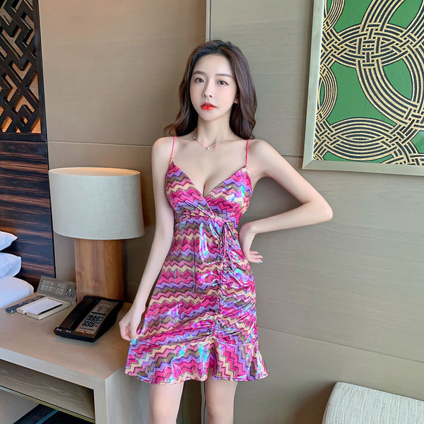 Great Look Attractive Sexy Women Pink Deep V Spaghetti Strap Backless Drawstring Tie Ruffled Glitter Fishtail Dress