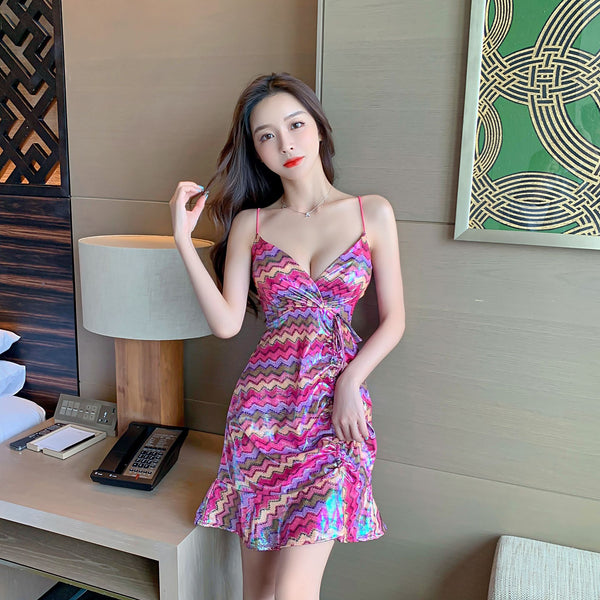 Great Look Attractive Sexy Women Pink Deep V Spaghetti Strap Backless Drawstring Tie Ruffled Glitter Fishtail Dress