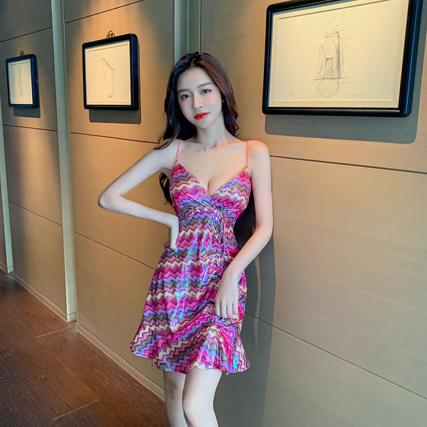 Great Look Attractive Sexy Women Pink Deep V Spaghetti Strap Backless Drawstring Tie Ruffled Glitter Fishtail Dress