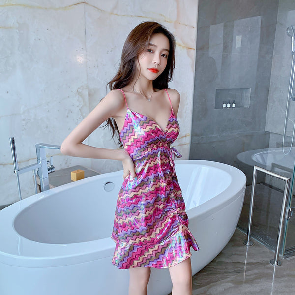 Great Look Attractive Sexy Women Pink Deep V Spaghetti Strap Backless Drawstring Tie Ruffled Glitter Fishtail Dress