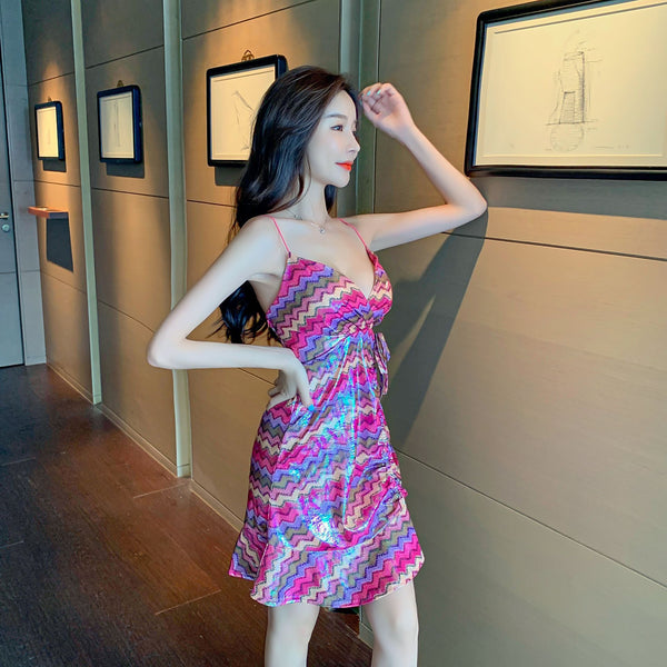 Great Look Attractive Sexy Women Pink Deep V Spaghetti Strap Backless Drawstring Tie Ruffled Glitter Fishtail Dress