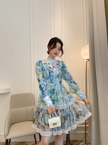 Amazing Summer Elegant Temperament Ladies Round Stand Collar Long Sleeves Paint Dye Printed High Waist Princess Dress