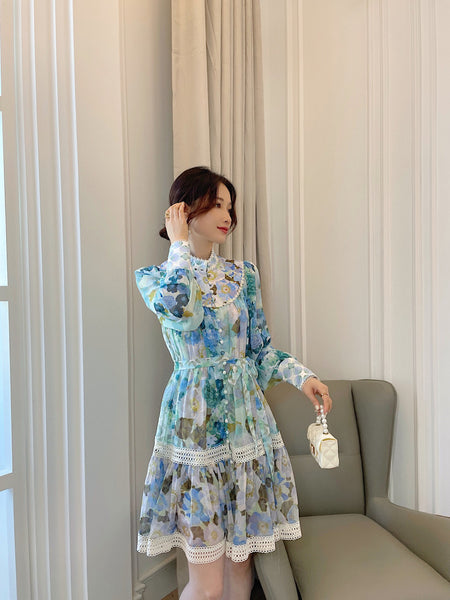 Amazing Summer Elegant Temperament Ladies Round Stand Collar Long Sleeves Paint Dye Printed High Waist Princess Dress