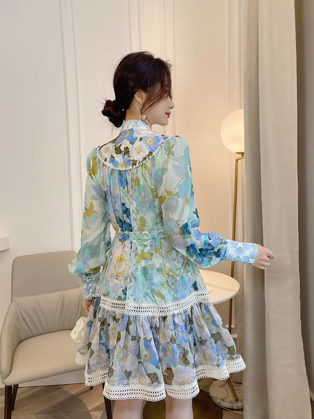 Amazing Summer Elegant Temperament Ladies Round Stand Collar Long Sleeves Paint Dye Printed High Waist Princess Dress