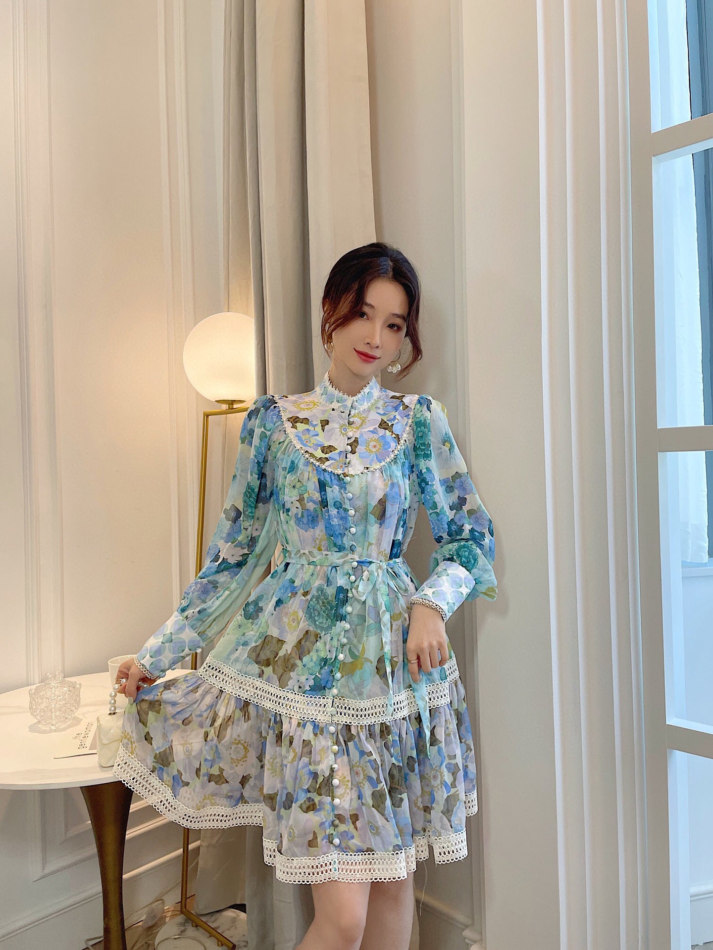 Amazing Summer Elegant Temperament Ladies Round Stand Collar Long Sleeves Paint Dye Printed High Waist Princess Dress