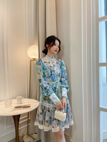 Amazing Summer Elegant Temperament Ladies Round Stand Collar Long Sleeves Paint Dye Printed High Waist Princess Dress