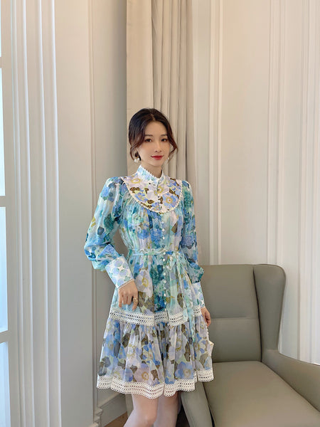 Amazing Summer Elegant Temperament Ladies Round Stand Collar Long Sleeves Paint Dye Printed High Waist Princess Dress