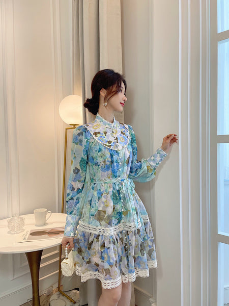 Amazing Summer Elegant Temperament Ladies Round Stand Collar Long Sleeves Paint Dye Printed High Waist Princess Dress