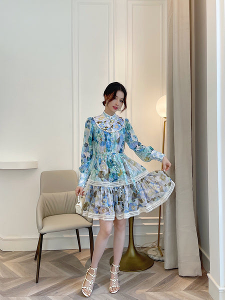 Amazing Summer Elegant Temperament Ladies Round Stand Collar Long Sleeves Paint Dye Printed High Waist Princess Dress