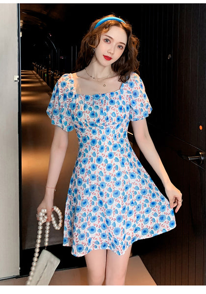 Look Great Summer Pretty Women Square Neck Short Sleeved Printed Chiffon Floral Printed Fairy High Waist Dress