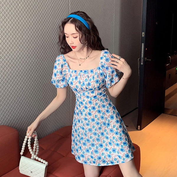 Look Great Summer Pretty Women Square Neck Short Sleeved Printed Chiffon Floral Printed Fairy High Waist Dress
