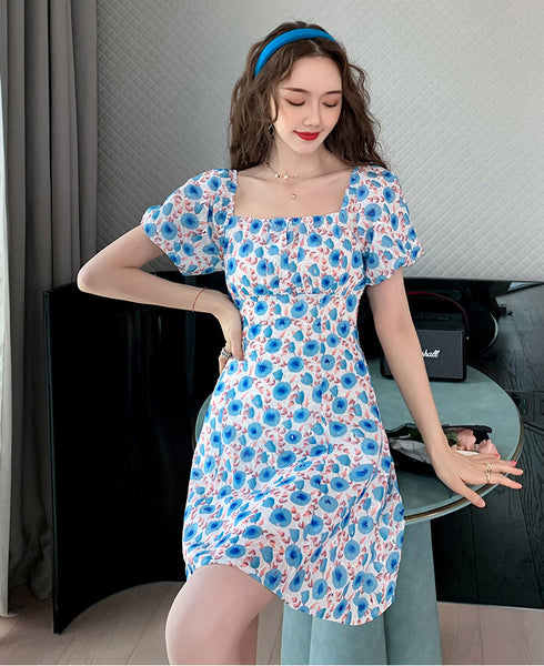 Look Great Summer Pretty Women Square Neck Short Sleeved Printed Chiffon Floral Printed Fairy High Waist Dress