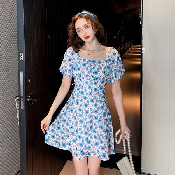 Look Great Summer Pretty Women Square Neck Short Sleeved Printed Chiffon Floral Printed Fairy High Waist Dress