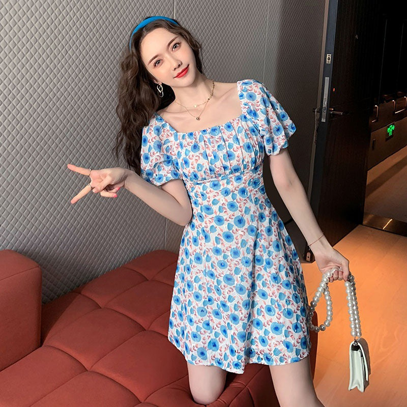 Look Great Summer Pretty Women Square Neck Short Sleeved Printed Chiffon Floral Printed Fairy High Waist Dress