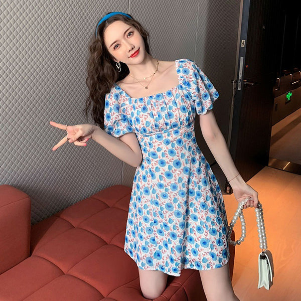 Look Great Summer Pretty Women Square Neck Short Sleeved Printed Chiffon Floral Printed Fairy High Waist Dress