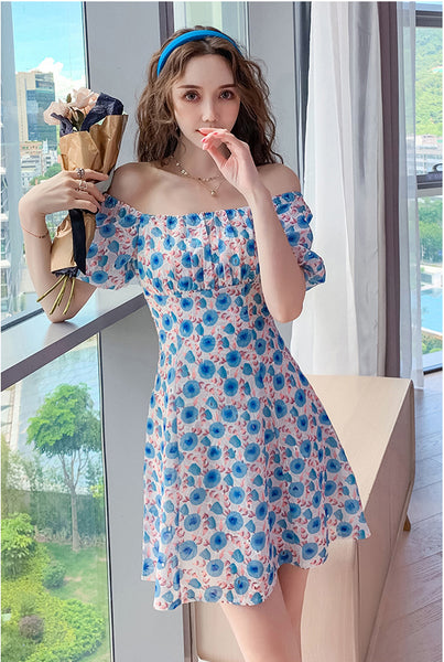 Look Great Summer Pretty Women Square Neck Short Sleeved Printed Chiffon Floral Printed Fairy High Waist Dress
