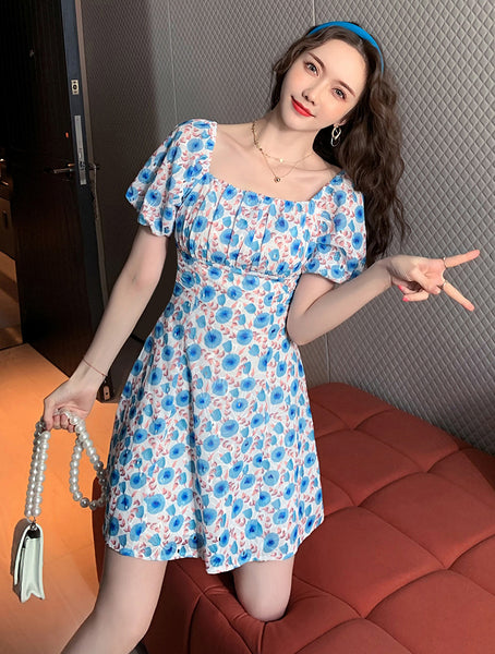 Look Great Summer Pretty Women Square Neck Short Sleeved Printed Chiffon Floral Printed Fairy High Waist Dress