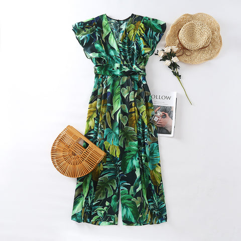 Cozy Fashion Temperament Women Pleated Sleeves Green Floral Printed V Neck Loose Fit High Waist Jumpsuit