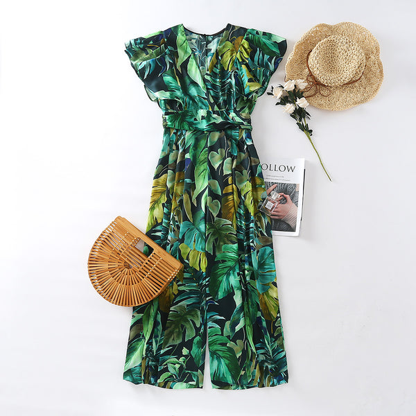 Cozy Fashion Temperament Women Pleated Sleeves Green Floral Printed V Neck Loose Fit High Waist Jumpsuit