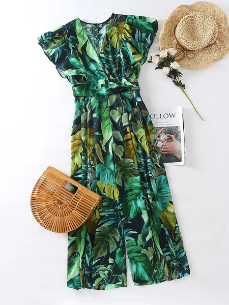 Cozy Fashion Temperament Women Pleated Sleeves Green Floral Printed V Neck Loose Fit High Waist Jumpsuit