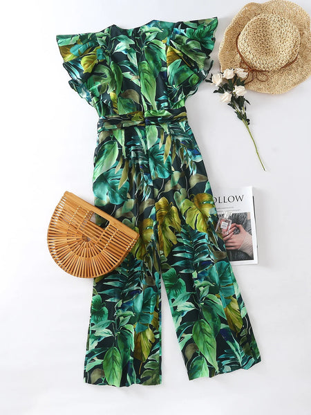 Cozy Fashion Temperament Women Pleated Sleeves Green Floral Printed V Neck Loose Fit High Waist Jumpsuit