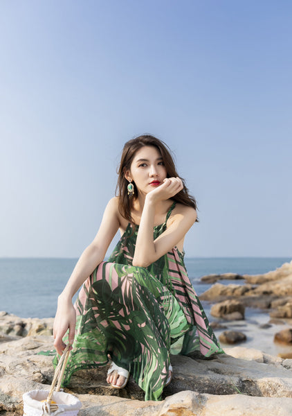 Beautiful Summer Holiday Beach Women Halter Neck Floral Printed Sleeveless Bohemian Chiffon Boho Long Dress