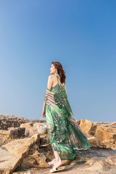 Beautiful Summer Holiday Beach Women Halter Neck Floral Printed Sleeveless Bohemian Chiffon Boho Long Dress