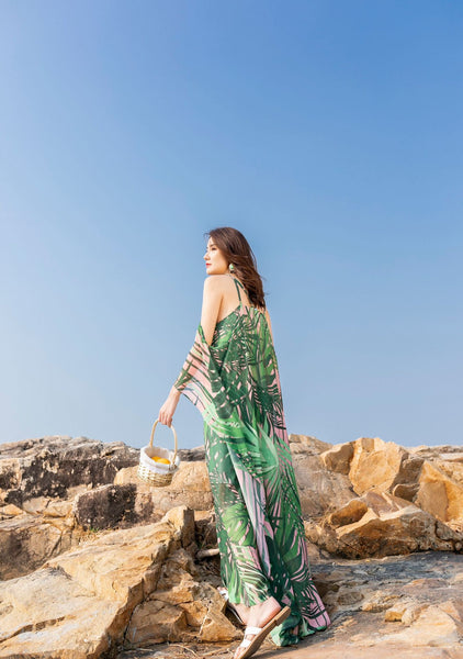 Beautiful Summer Holiday Beach Women Halter Neck Floral Printed Sleeveless Bohemian Chiffon Boho Long Dress