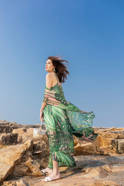 Beautiful Summer Holiday Beach Women Halter Neck Floral Printed Sleeveless Bohemian Chiffon Boho Long Dress