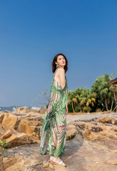 Beautiful Summer Holiday Beach Women Halter Neck Floral Printed Sleeveless Bohemian Chiffon Boho Long Dress