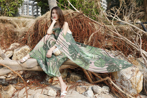 Beautiful Summer Holiday Beach Women Halter Neck Floral Printed Sleeveless Bohemian Chiffon Boho Long Dress