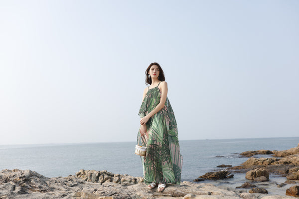 Beautiful Summer Holiday Beach Women Halter Neck Floral Printed Sleeveless Bohemian Chiffon Boho Long Dress