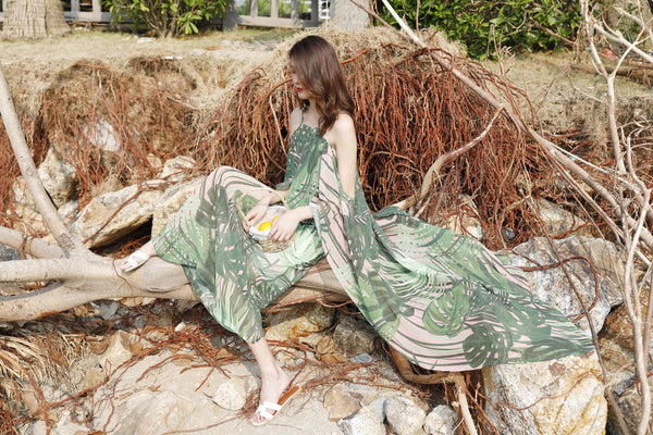 Beautiful Summer Holiday Beach Women Halter Neck Floral Printed Sleeveless Bohemian Chiffon Boho Long Dress