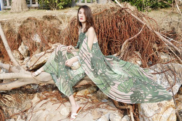 Beautiful Summer Holiday Beach Women Halter Neck Floral Printed Sleeveless Bohemian Chiffon Boho Long Dress