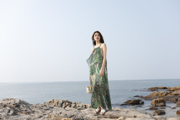 Beautiful Summer Holiday Beach Women Halter Neck Floral Printed Sleeveless Bohemian Chiffon Boho Long Dress