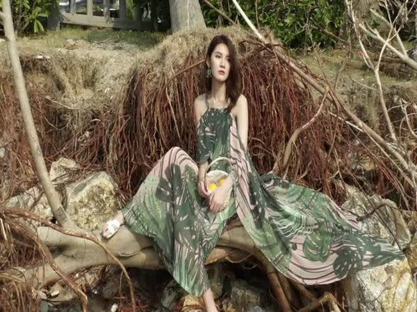 Beautiful Summer Holiday Beach Women Halter Neck Floral Printed Sleeveless Bohemian Chiffon Boho Long Dress